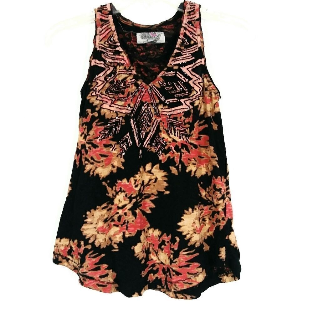 Ecoté Black & Orange Floral Beaded Tank Top